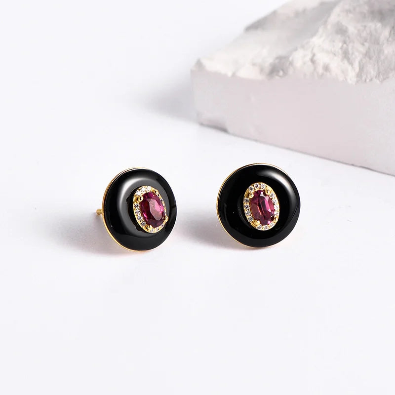 925 Sterling Silver Black Agate & Red Garnet Stud Earrings for Women