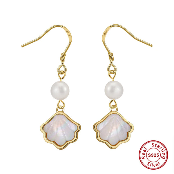 925 Sterling Silver Shell Shape Needle Pearls Earrings for Women