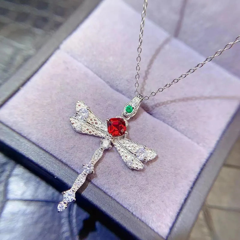 Sterling Silver 5mm Ruby Dragonfly Pendant Necklace for Women