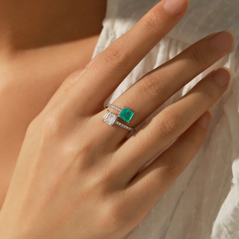 Sterling Silver Square Lab Paraiba Tourmaline CZ Ring For Women