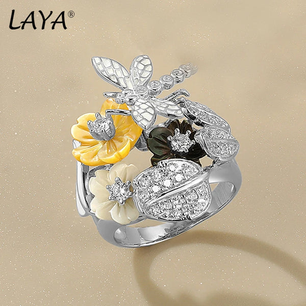 Sterling Silver Black Yellow Shell Flower Ring with White Zircon for Women