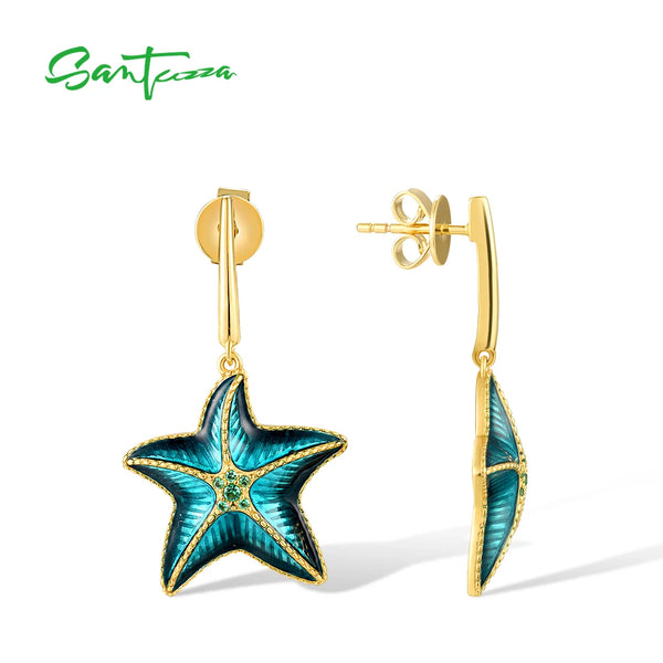 925 Sterling Silver Green Spinel Enamel Starfish Stud Earrings for Women