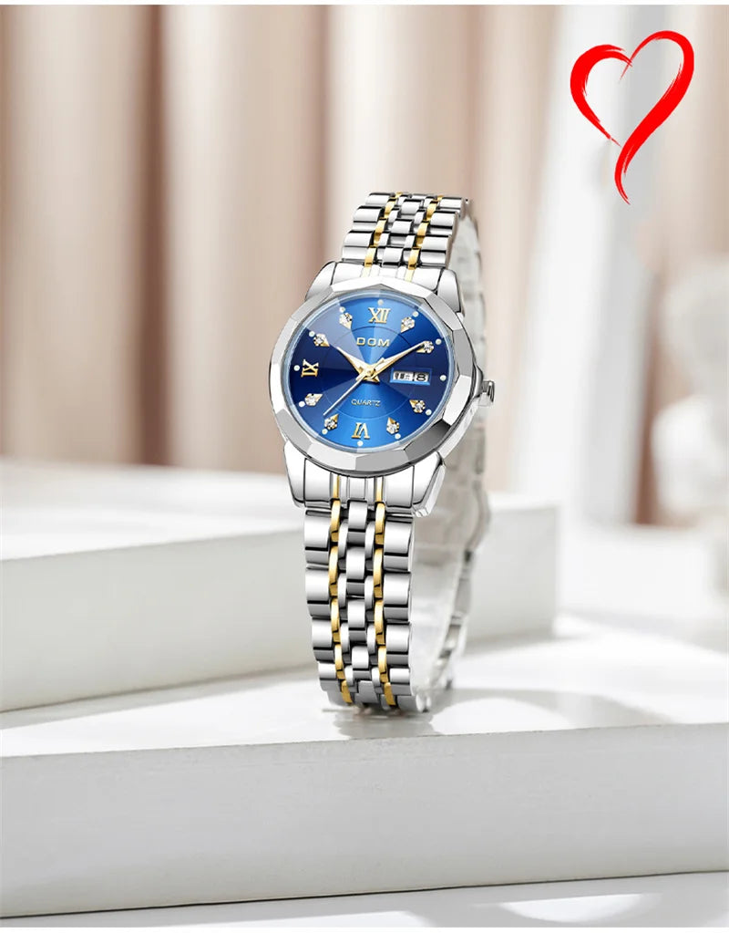 Stainless Steel Calendar Quartz Wristwatch for Women