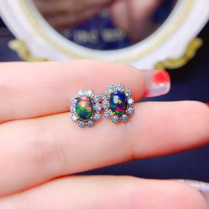 S925 Silver Natural Black Opal Earrings for Women