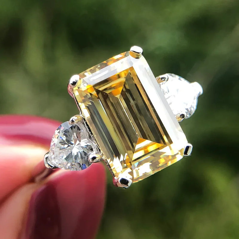 925 Sterling Silver 5CT Emerald Cut Sapphire and Citrine Diamond Ring for Women