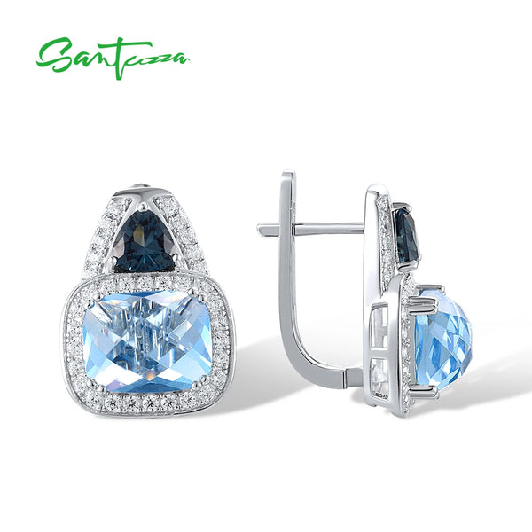 Sterling Silver Geometric Earrings with Blue Stone and Cubic Zircon for Women