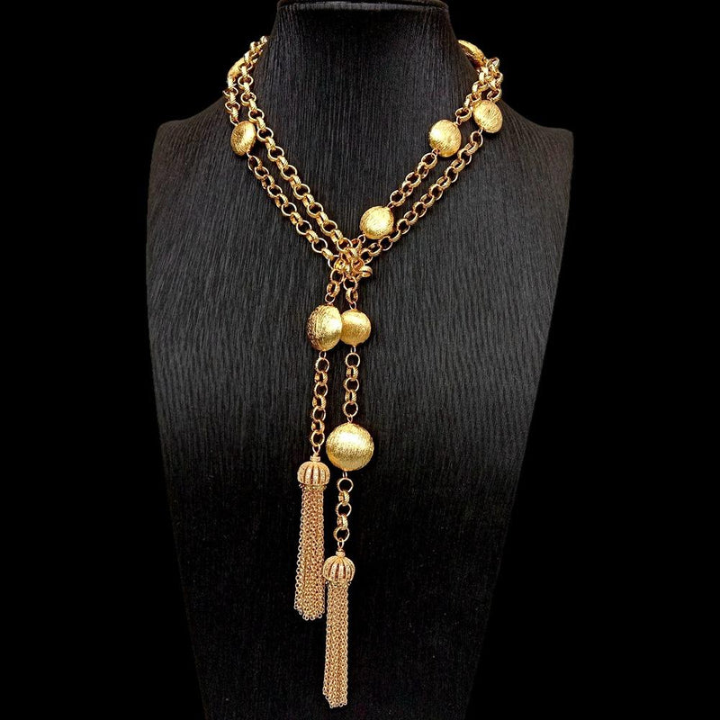 Gold Plated Brushed Coin Bead Long Necklace for Women