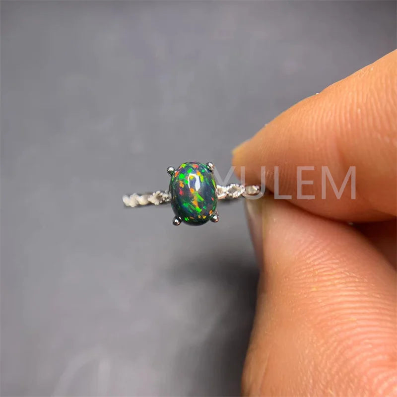 Solid 925 Silver Black Opal Ring, 6mm*8mm, for Women