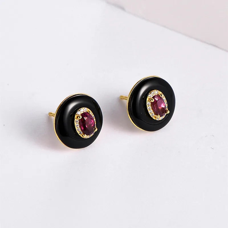 925 Sterling Silver Black Agate & Red Garnet Stud Earrings for Women