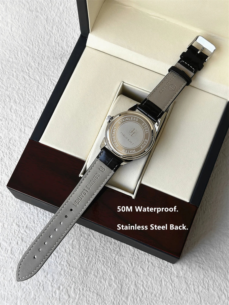 Luxury Quartz Wrist Watch with Leather Band, 30m Waterproof, Tapered Glass for Men's Business Use.