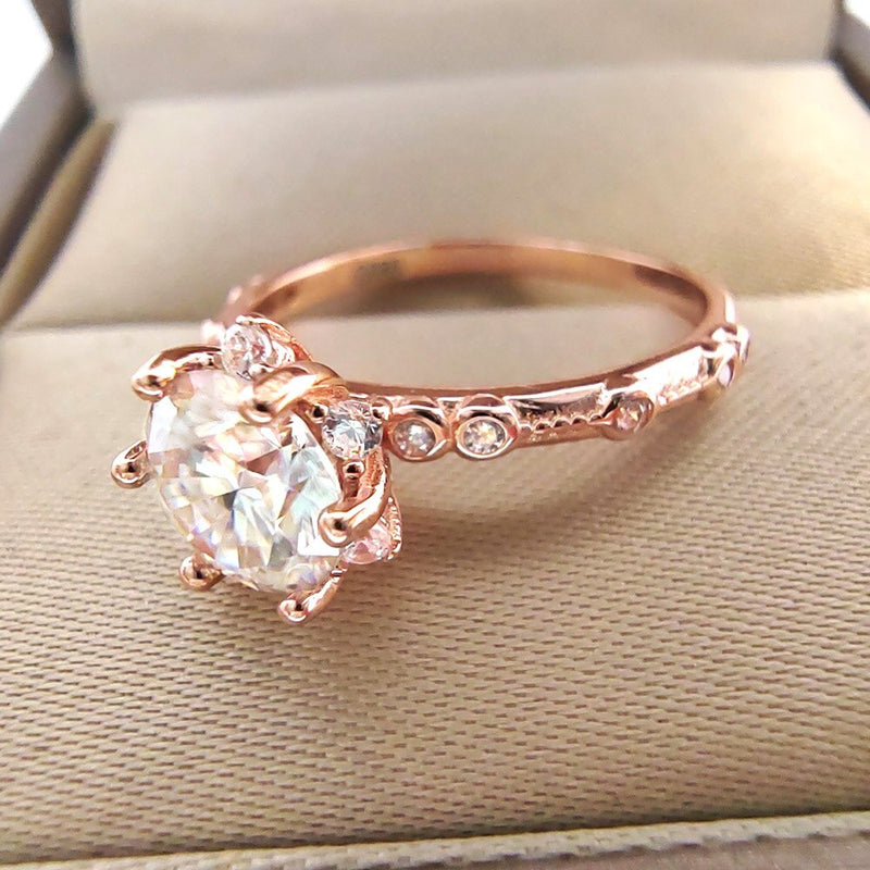 Rose Gold Plated S925 Silver 1CT Moissanite Ring, 6.5MM for Women