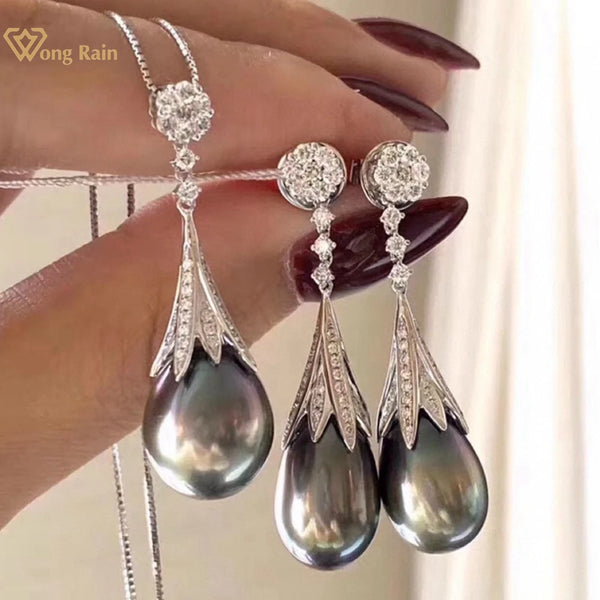 Wong Rain Vintage 925 Sterling Silver 9-11 MM Natural Black Pearls Gemstone Water Drop Pendant Necklace/Earrings Jewelry Sets
