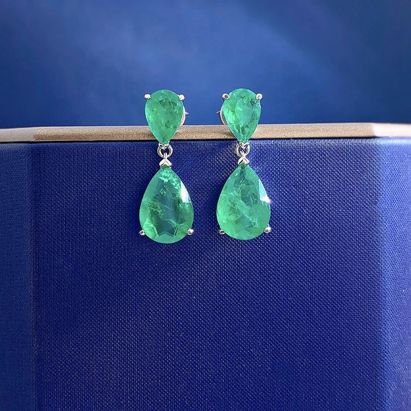 925 Sterling Silver Pear Cut Emerald Dangle Drop Earrings for Women