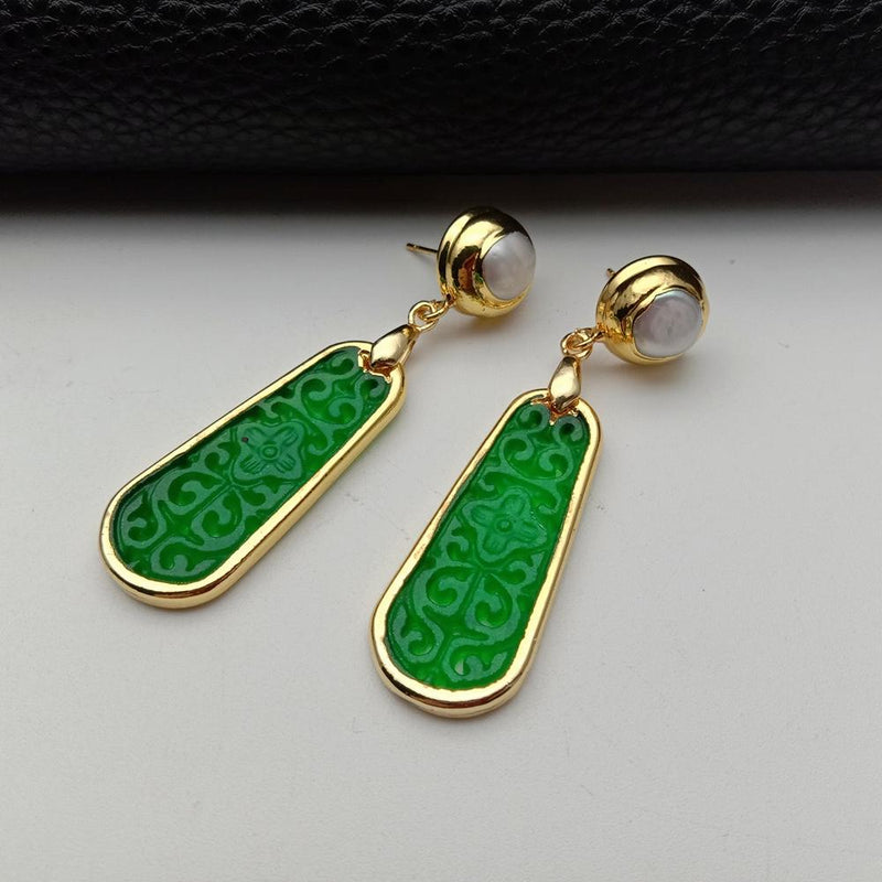 Gold Plated Carved Green Jade and Freshwater Cultured White Pearl Drop Earrings for Women