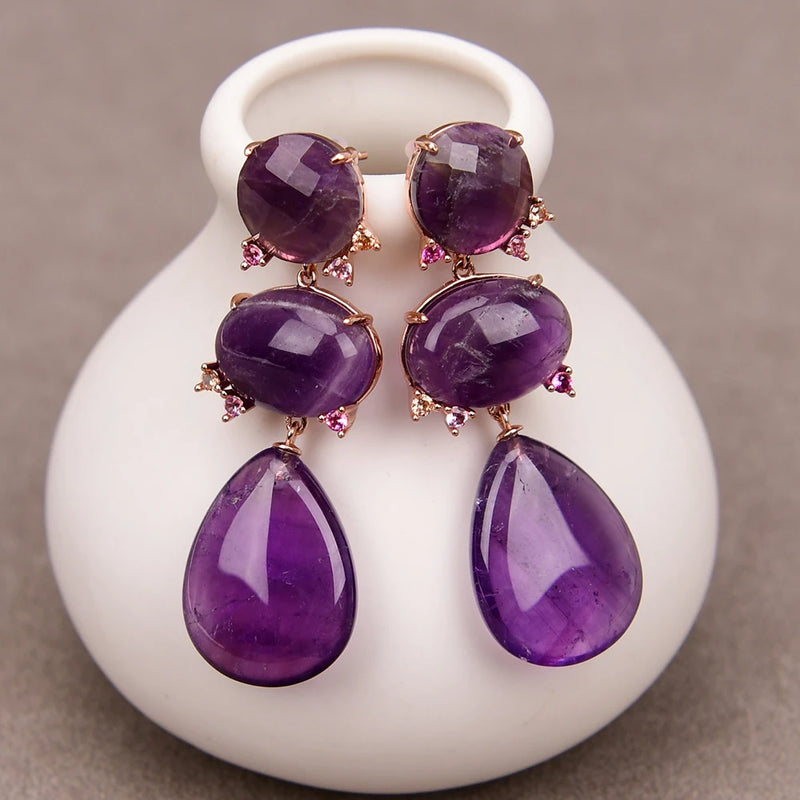 Gold Plated Amethyst Quartz Zircon CZ Teardrop Earrings for Women