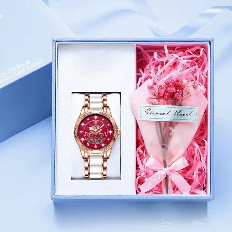 Rose gold Quartz Watch with Leather Bracelet for Women