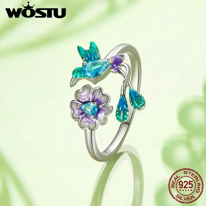 Sterling Silver Colorful Flower Bird Open Ring and Earrings Set for Women