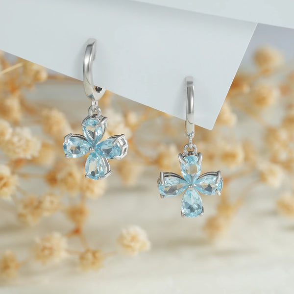 925 Sterling Silver Blue Topaz Dangle Earrings with Flower Design for Women