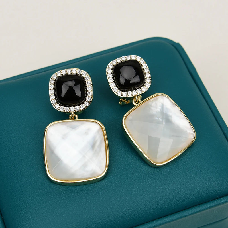 Sterling Silver White Shell Pearl Onyx CZ Square Stud Drop Earrings for Women