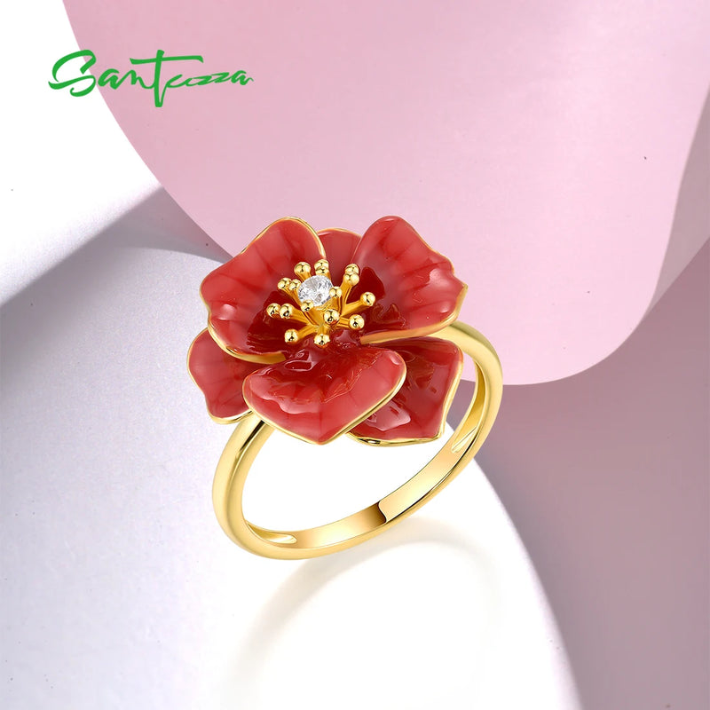 Sterling Silver Ring with White CZ & Red Enamel Flower for Women