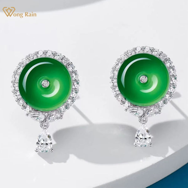 Sterling Silver 13MM Natural Green Jade High Carbon Diamond Gemstone Ear Studs for Women