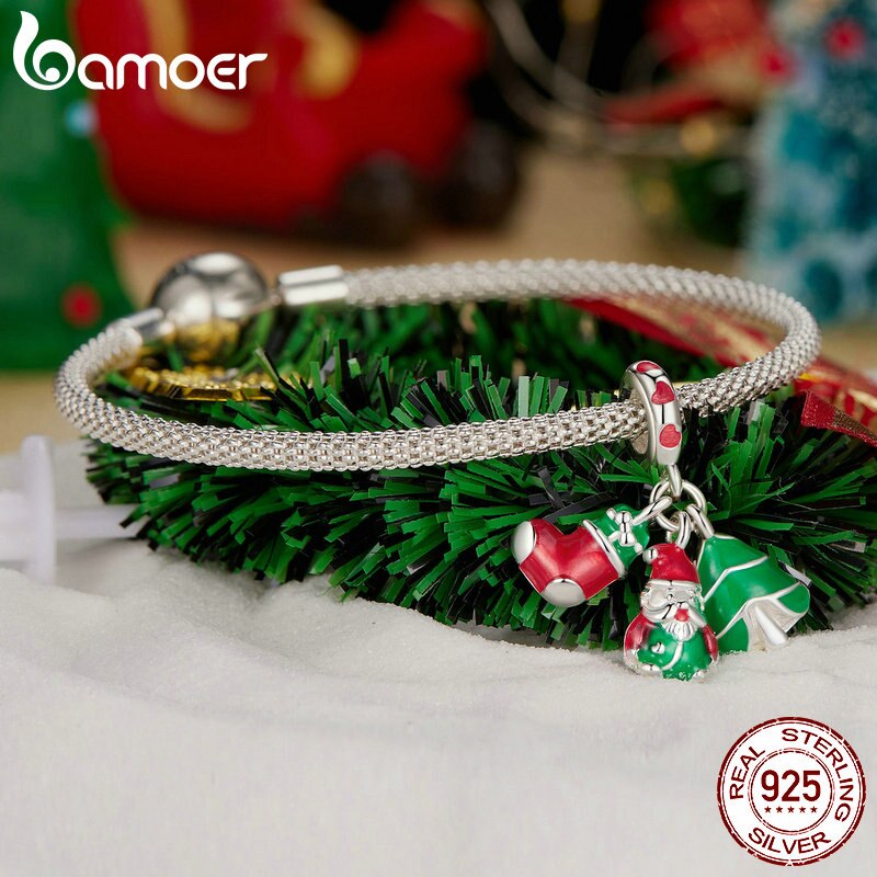 Sterling Silver Luminous Santa Claus Charm Beads Bracelet for Women