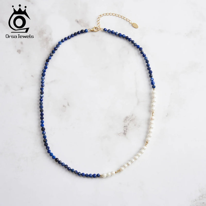 S925 Silver Lapis Lazuli Beads and Shell Pearl Necklace for Women