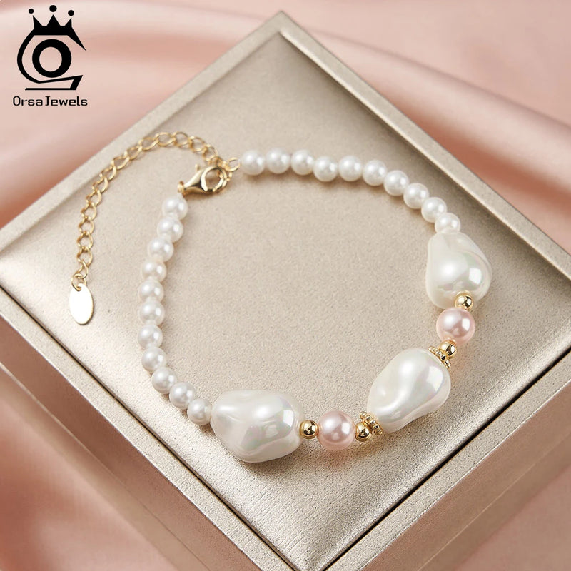 14K Gold Irregular Shell Pearl Chain Bracelet for Women