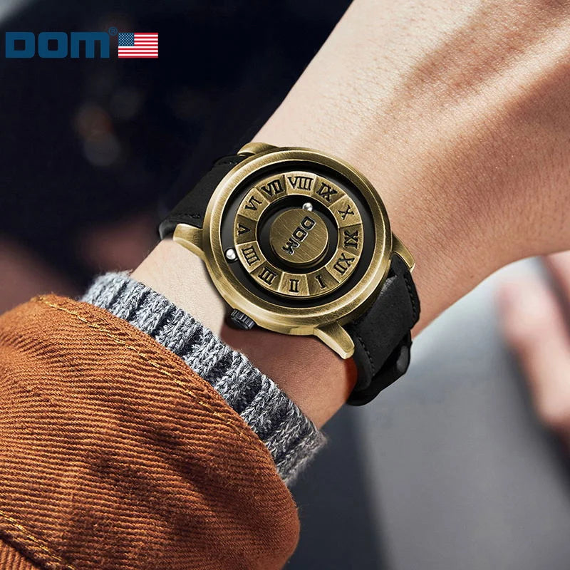 Bronze Quartz Watch with Scrolling Iron Ball Pointer for Men