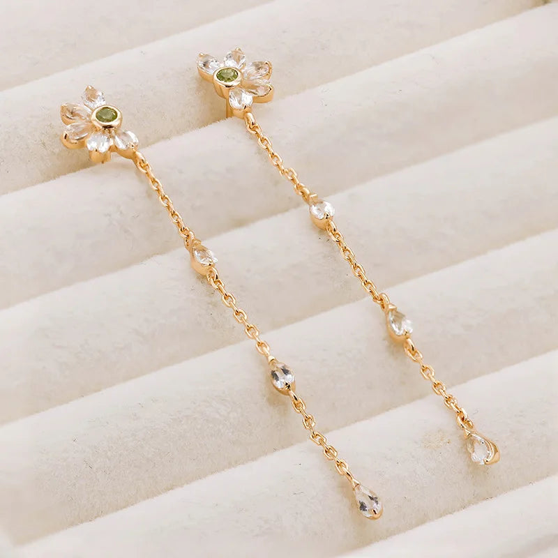 925 Sterling Silver Daisy Flower Dangle Earrings with Peridot Zircon for Women