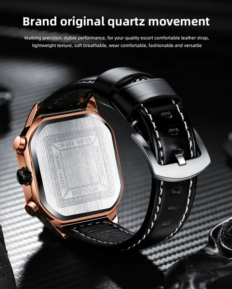 Stainless Steel Leather Multifunction Waterproof Sports Watch for Men