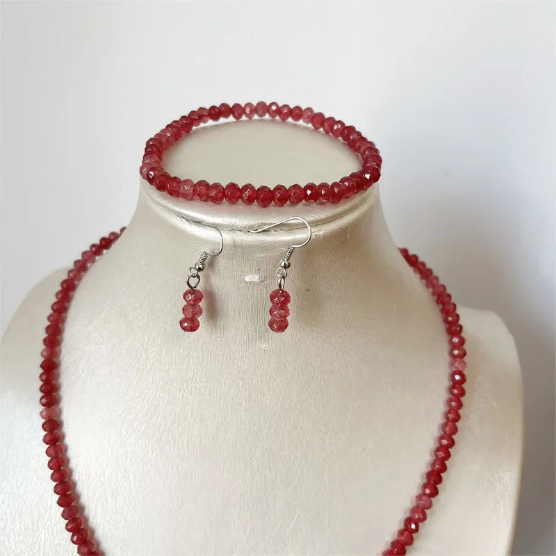 Sterling Silver, Red Ruby Jade Necklace Earrings Bracelet Set for Women