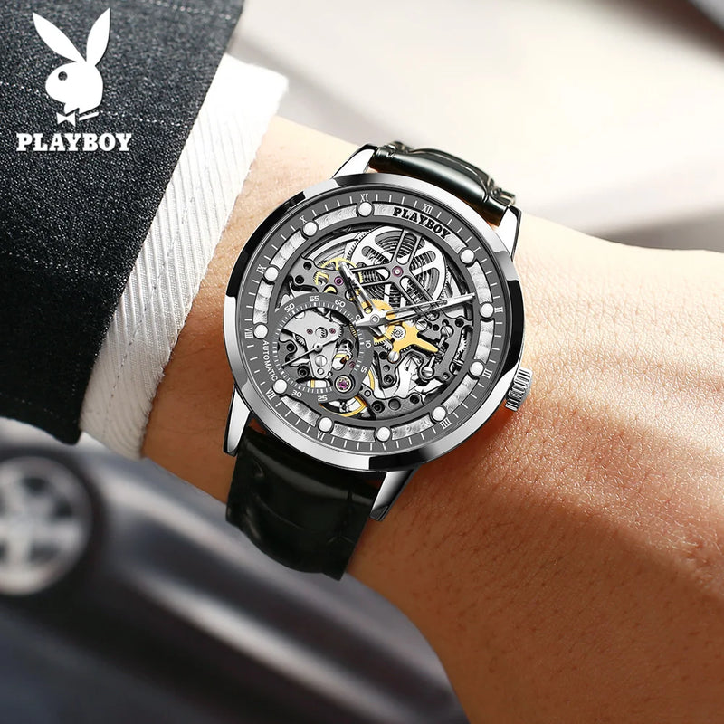 Stainless Steel Leather Strap Skeleton Automatic Mechanical Watch for Men