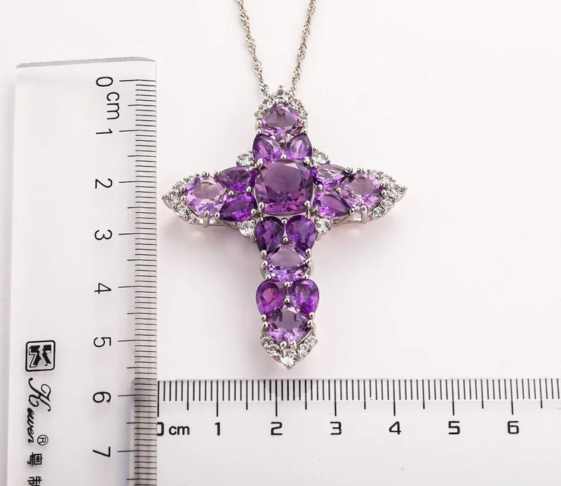 925 Sterling Silver Necklace with Amethyst Crystal Cross Pendant, Rhodium Plated, for Women