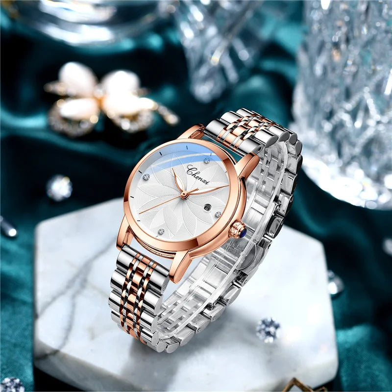 Stainless Steel Quartz Women's Watch with Flower Dial