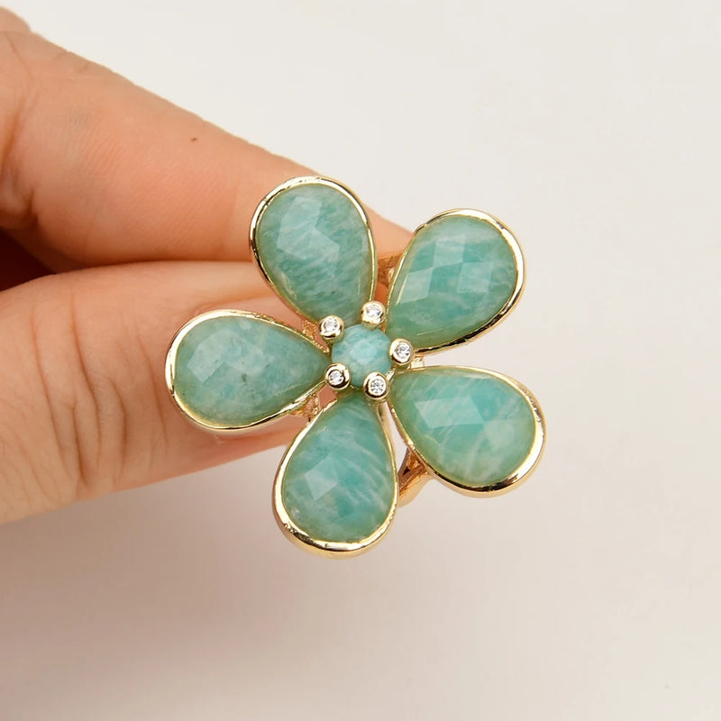 Sterling Silver Natural Blue Amazonite Pave Flower Ring for Women