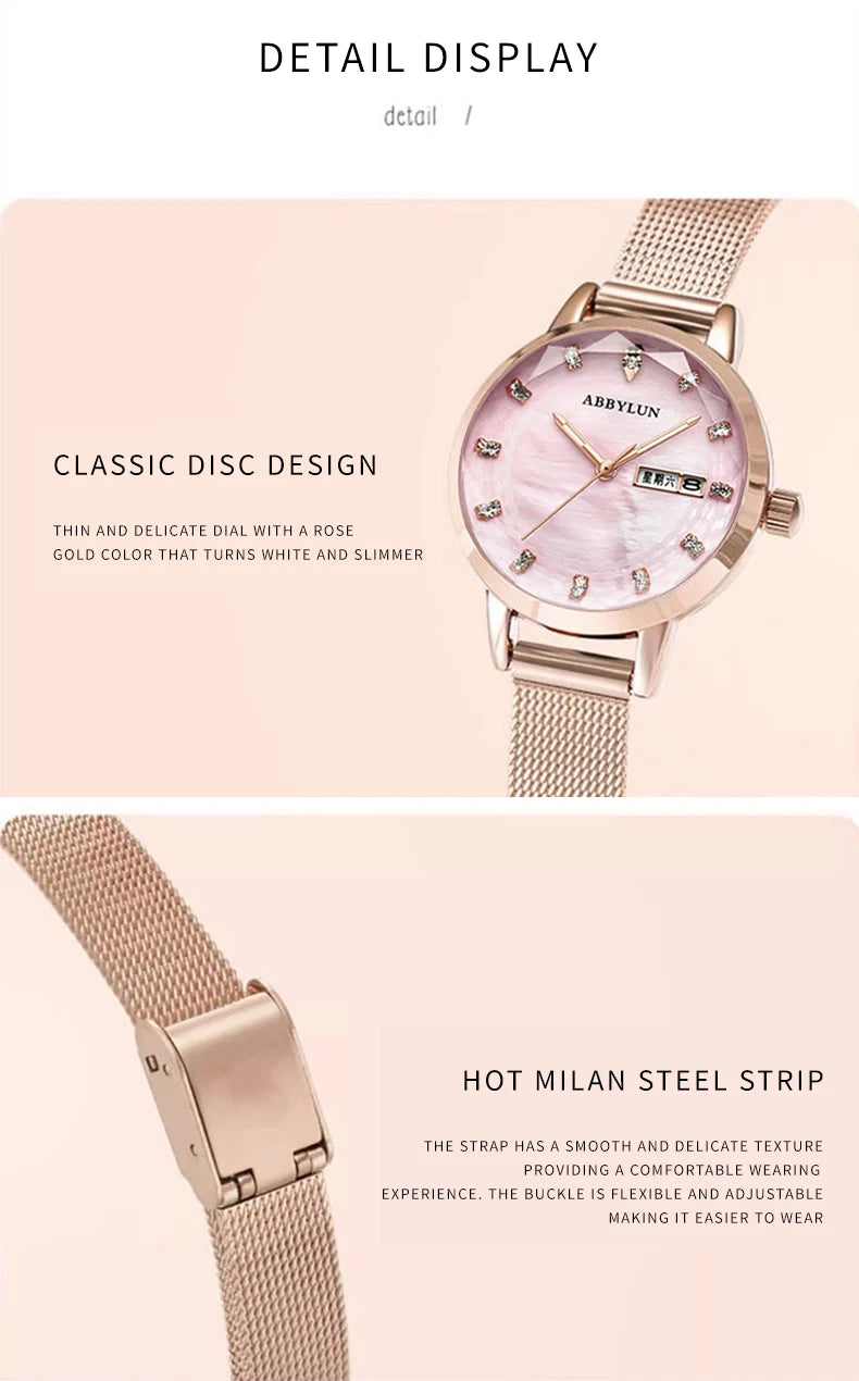 Stainless Steel Quartz Waterproof Luminous Week Calendar Watch for Women