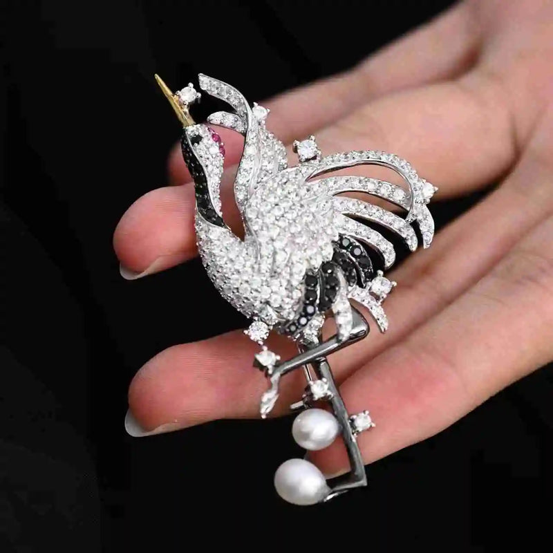 925 Sterling Silver Freshwater Pearl Diamond Crane Brooches for Engagement