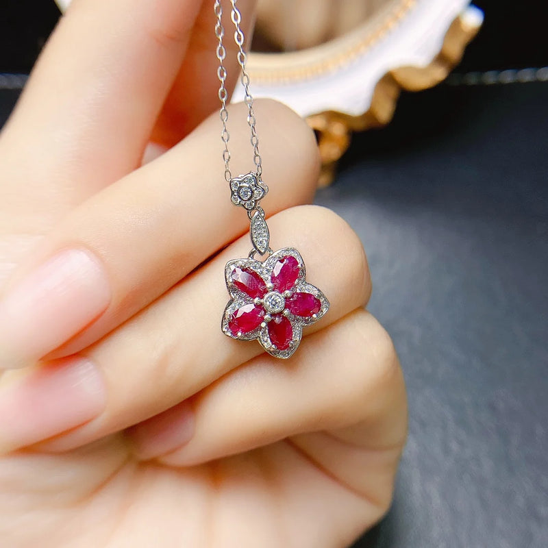 Sterling Silver Natural Ruby Flower Pendant Necklace for Women