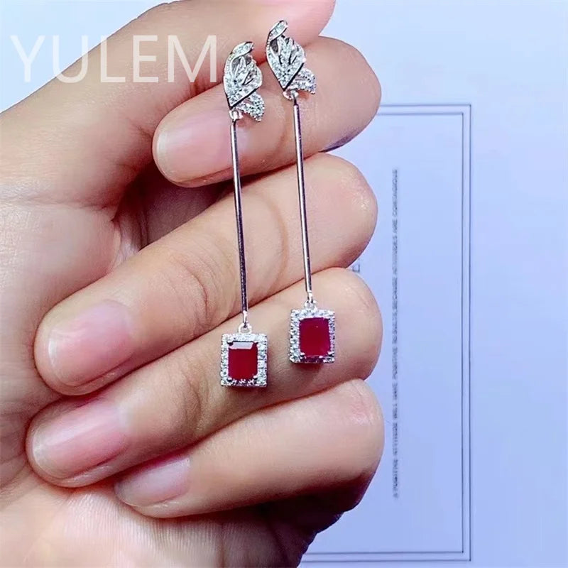 Silver (925) Pigeon Blood Ruby Drop Earrings (4x5mm) for Women