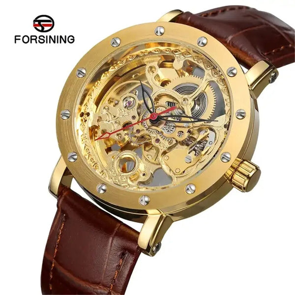 Stainless Steel Leather Skeleton Hollow Watch for Men