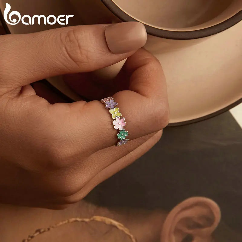 925 Sterling Silver Multi-color Enamel Mini Flower Ring for Women