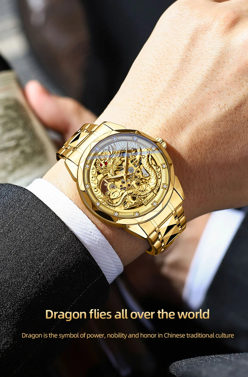 Gold Stainless steel 3D embossed dragon pattern automatic mechanical watch for Men