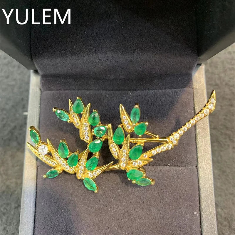 925 Sterling Silver Natural Emerald Brooch with Bamboo Leaves for Women