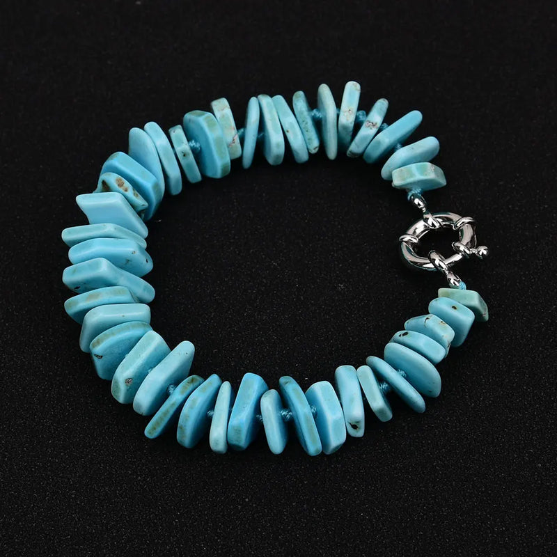 Sterling Silver Blue Turquoise Disc Square Slice Gemstone Bracelet for Women