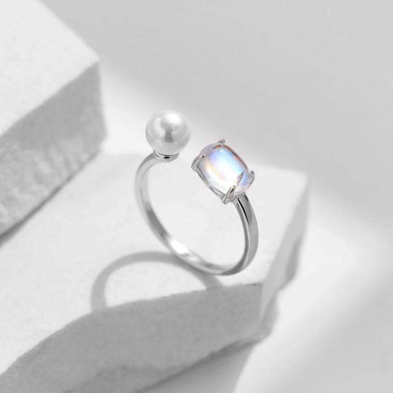 Sterling Silver Moonstone Crystal Pearl Adjustable Ring for Women