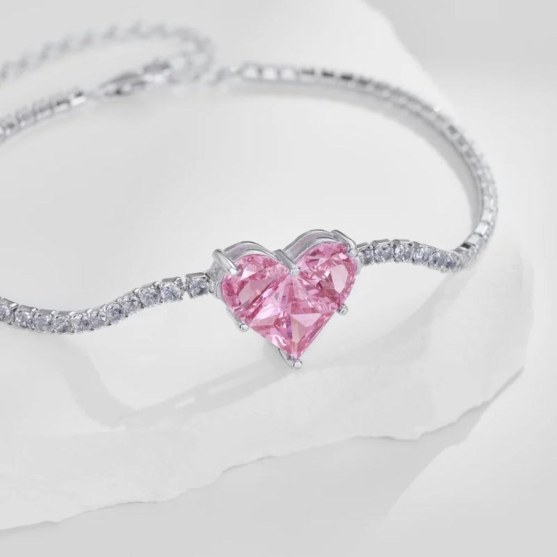 Sterling Silver Diamond Pink Heart Tennis Bracelet for Women