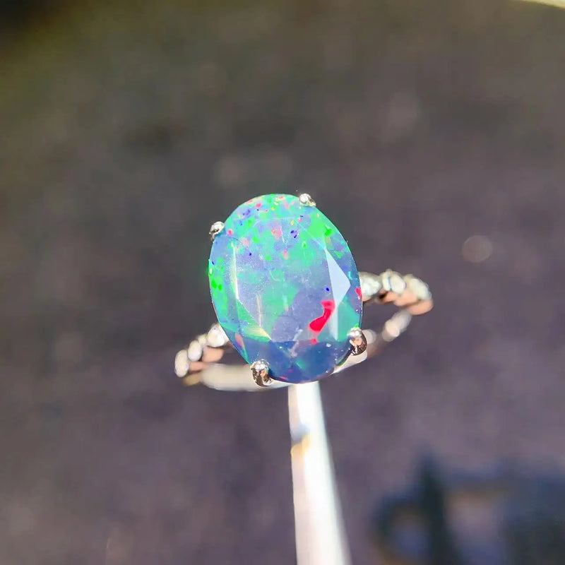 Sterling Silver Natural Black Opal Large Gemstone Ring for Men and Women