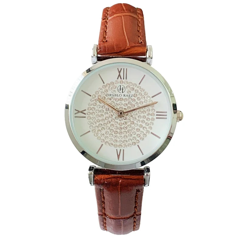 Luxury Women's Leather Quartz Diamond Dress Watch in Feminine Style