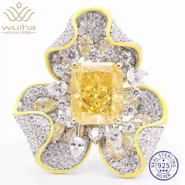 925 Sterling Silver Lab-Grown Sapphire, Citrine, and Diamond Flower Ring